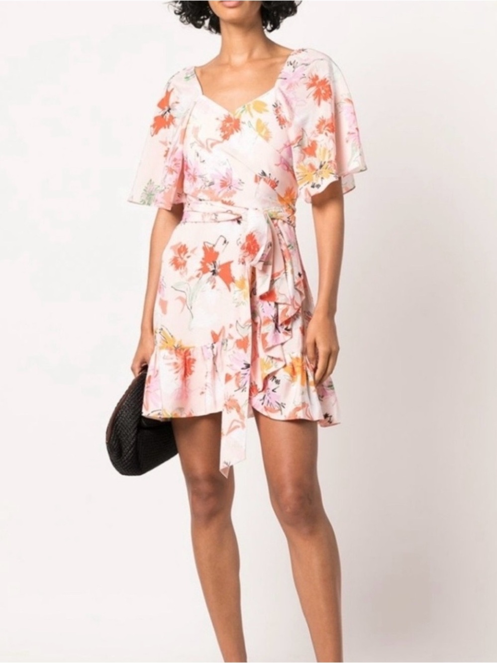 Tanya Taylor 100% silk Pale Pink Floral Wrap Mini Dress